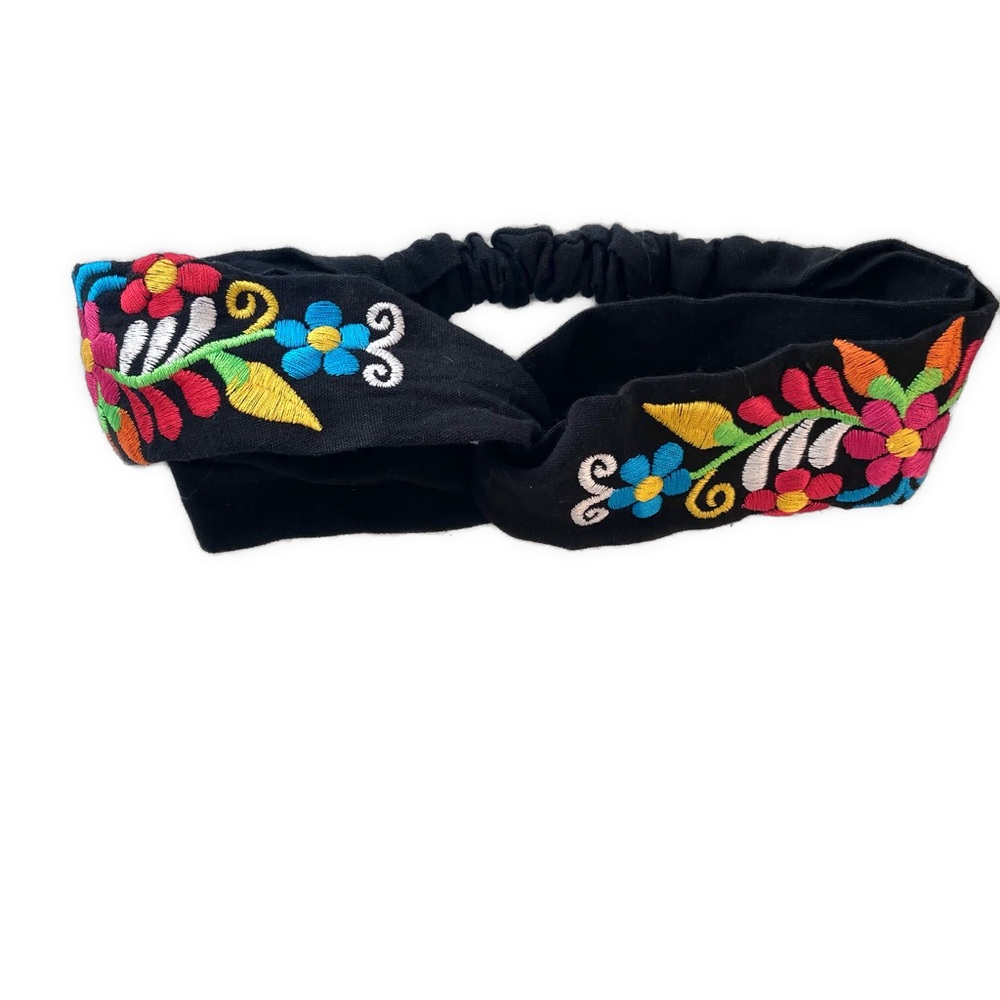 Embroidered Black Headband with Floral Design